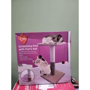 Pet central cat scratching post with two hanging furry balls